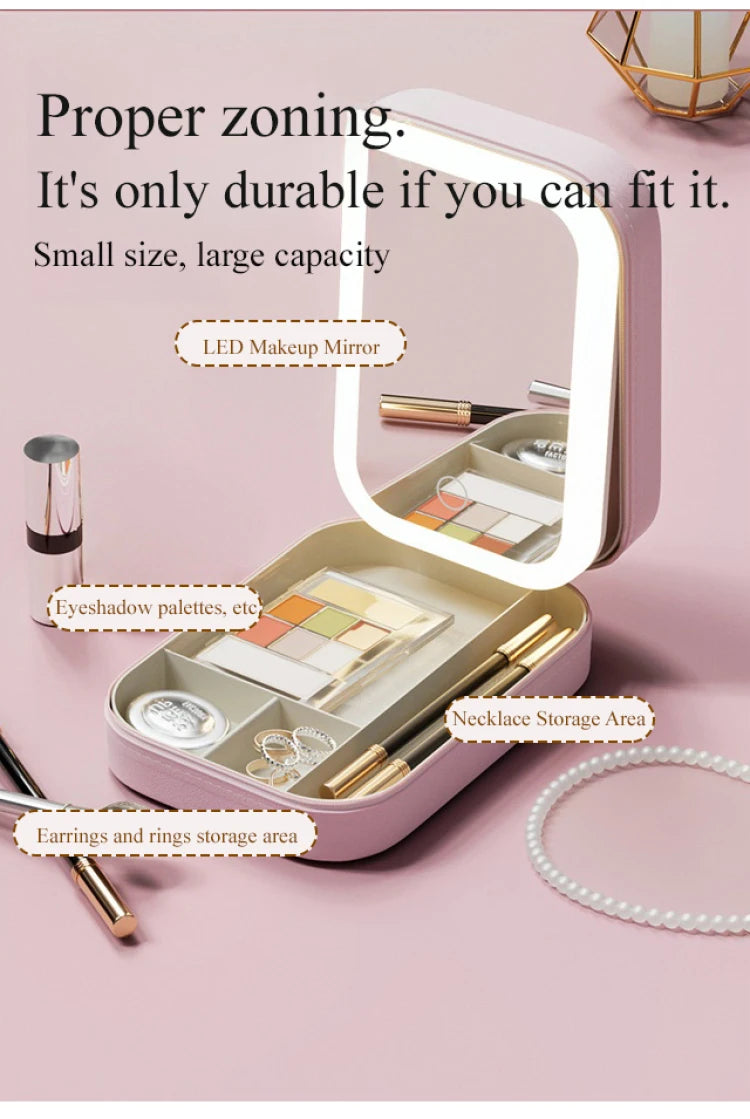 Boîte de rangement portable pour cosmétiques avec miroir lumineux à LED