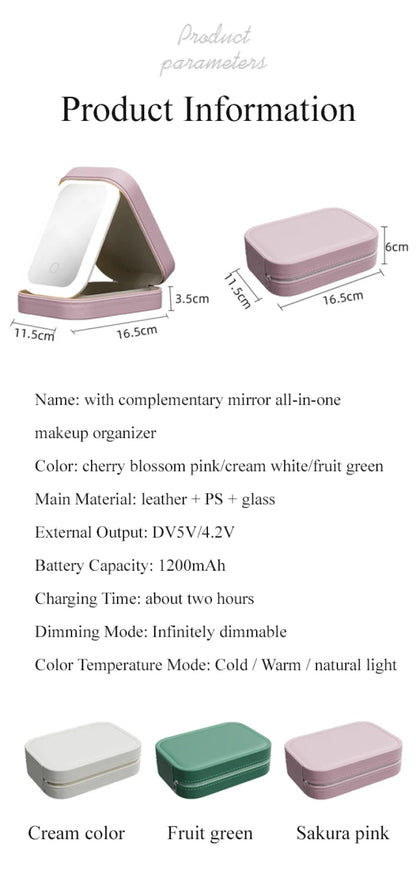 Boîte de rangement portable pour cosmétiques avec miroir lumineux à LED